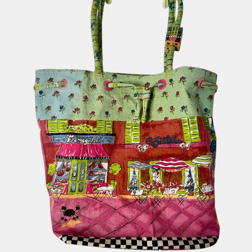 Anne Ormsby Tote. Moisture Protection Lining.Floral Street Scene. Bright Colors